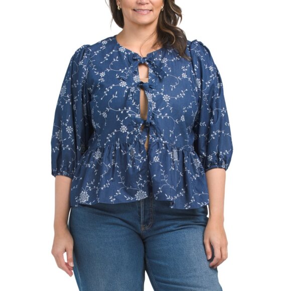 KAKTUS Blue/white Plus Scroll Printed Denim Tie Front Top - Picture 1 of 2
